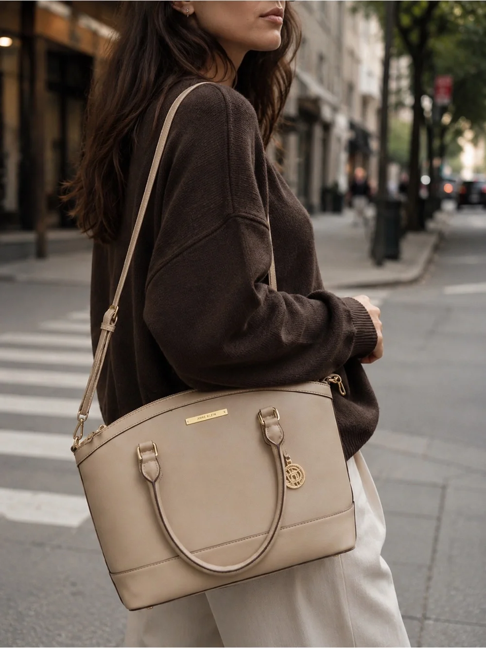Anne Klein Beige Saffiano Faux Leather Satchel Bag with Gold Hardware